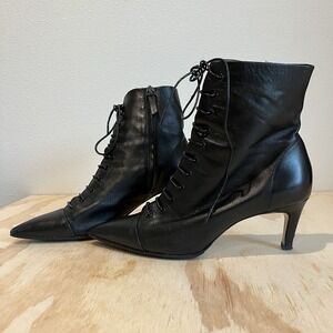 Leather Zara Boots Women's High Heels Sz 37 Stiletto Heel  Black Lace Up * Flaw